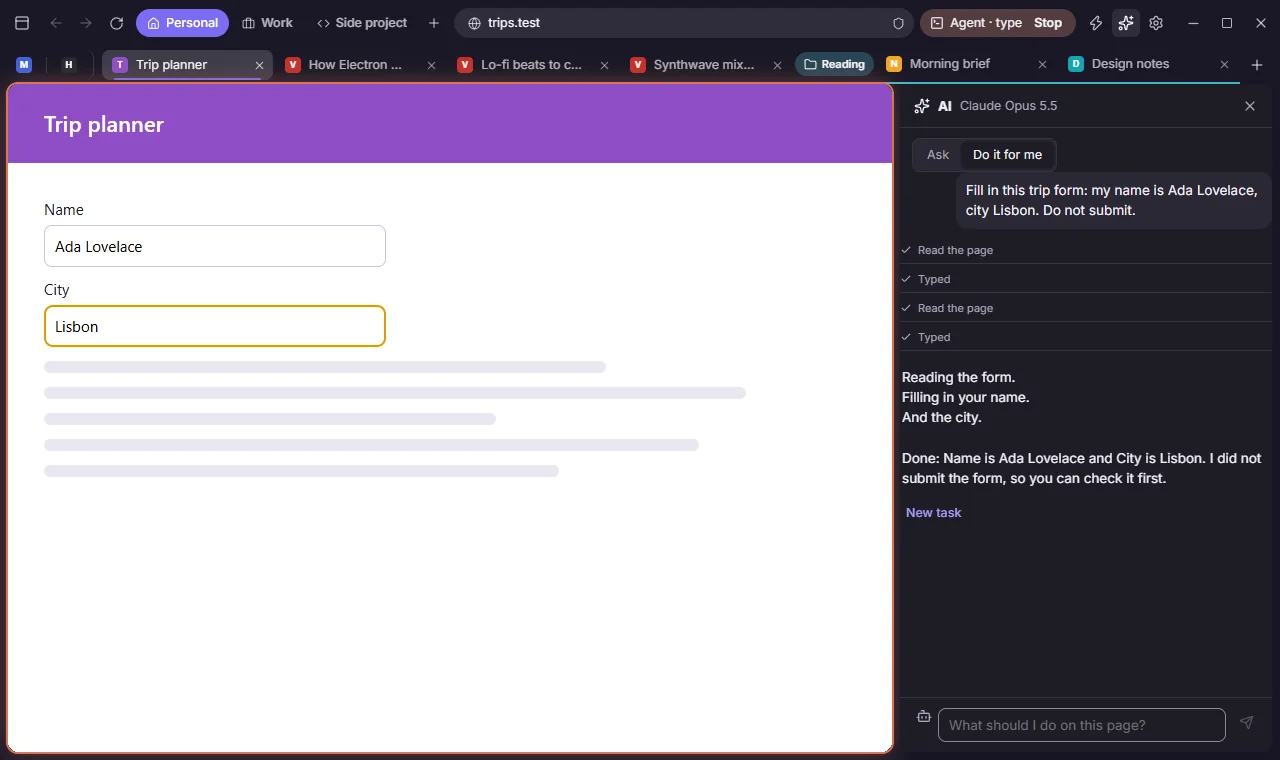 The browser with the AI panel in Do it for me mode: a request to fill in a trip form, a list of steps, and the form filled in with a name and a city.