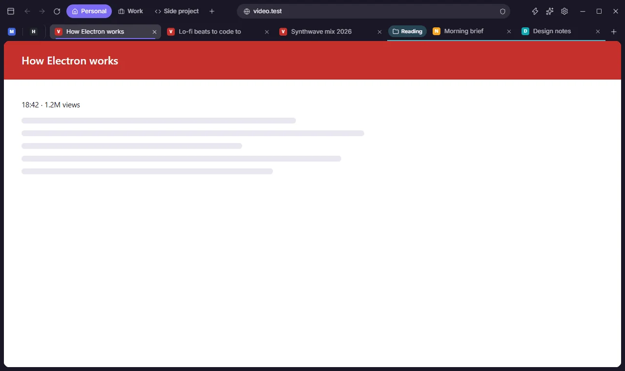 The browser with three spaces as pills in the top bar and a row of titled tabs: three video tabs from the same site, each with its title and a close button, and a Reading group.